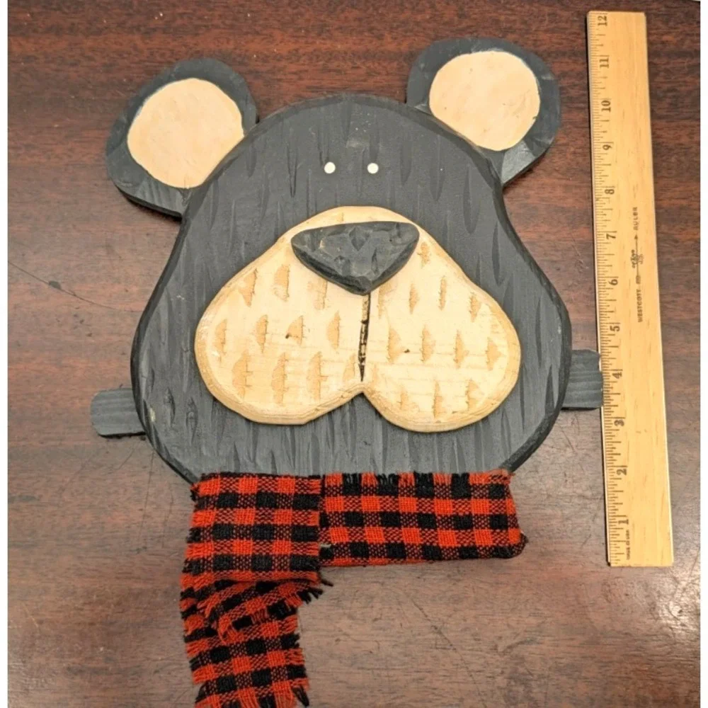 Handmade Rustic Wood Bear Wall Decor Buffalo Plaid Scarf Folk Art 12
